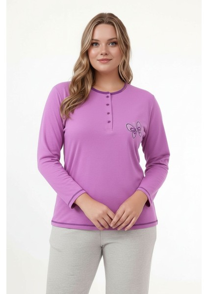 Kadın Bisiklet Yaka Düğmeli Kelebek Nakışlı Uzun Kol Büyük Beden Pamuk Curve Gecelik fırsatları
