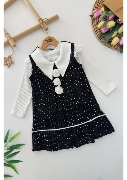 Gül Detaylı Tüvit Elbise ve Badi Kız Takım - Siyah
