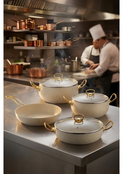 7 Parça Leon Granit Tencere ve Tava Seti – 20 cm 2.5l, 24 cm 4.5l, 26 cm Basık 3l, 26 cm Tava