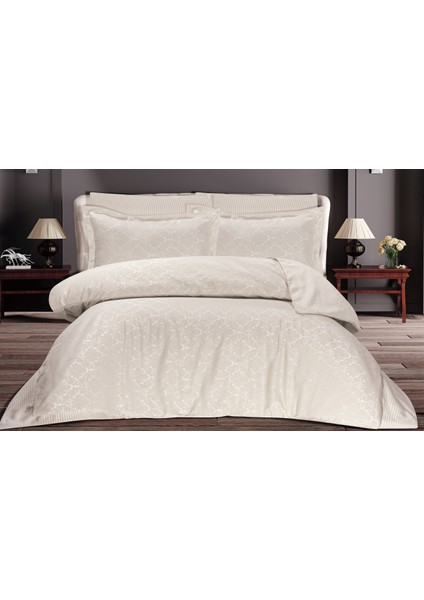 Çift Kişilik Jakarlı Saten Double Nevresim Takımı - 200X220 - 7 Parça Pamuklu Yatak Seti - Taş Rengi (Dmsk)