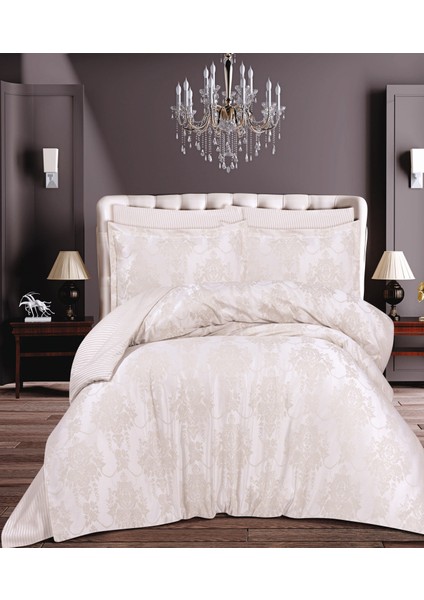 Çift Kişilik Jakarlı Saten Double Nevresim Takımı - 200X220 - 6 Parça Pamuklu Yatak Seti - Krem (Vlr)