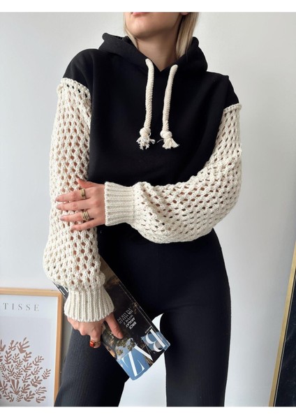 Kadın Kolları Örgü Triko Süper Şık Tasarım Oversize Crop Boy Siyah Sweatshirt fiyatları