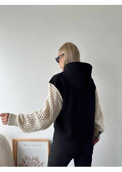 Kadın Kolları Örgü Triko Süper Şık Tasarım Oversize Crop Boy Siyah Sweatshirt modelleri