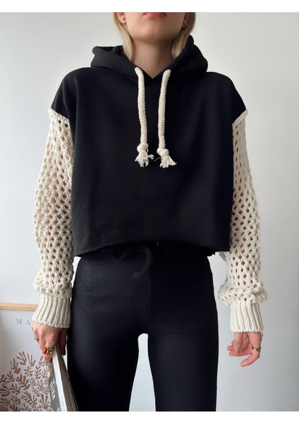 Kadın Kolları Örgü Triko Süper Şık Tasarım Oversize Crop Boy Siyah Sweatshirt indirimleri