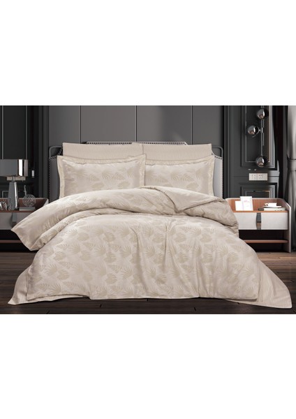 Çift Kişilik Çınar Jakarlı Saten Double Nevresim Takımı - 200X220 - 7 Parça Pamuklu Yatak Seti - Koyu Krem