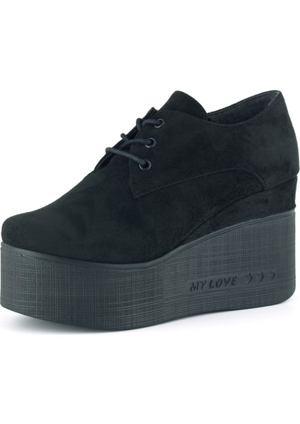 Apricity Siyah Süet Yuvarlak Burun Bağcıklı Gizli Dolgu Topuklu Günlük Ayakkabı fiyatları