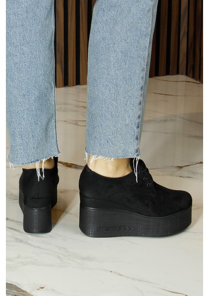 Apricity Siyah Süet Yuvarlak Burun Bağcıklı Gizli Dolgu Topuklu Günlük Ayakkabı indirimleri