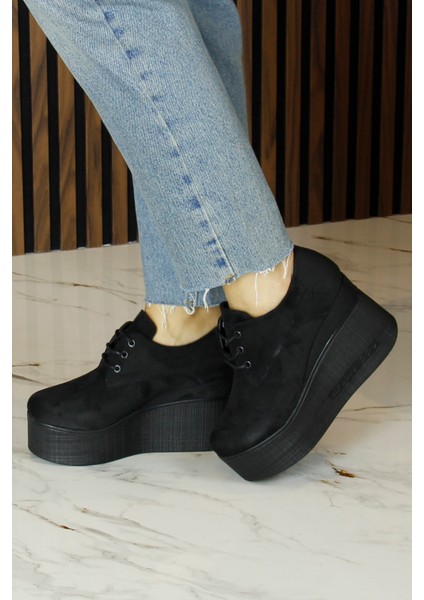 Apricity Siyah Süet Yuvarlak Burun Bağcıklı Gizli Dolgu Topuklu Günlük Ayakkabı