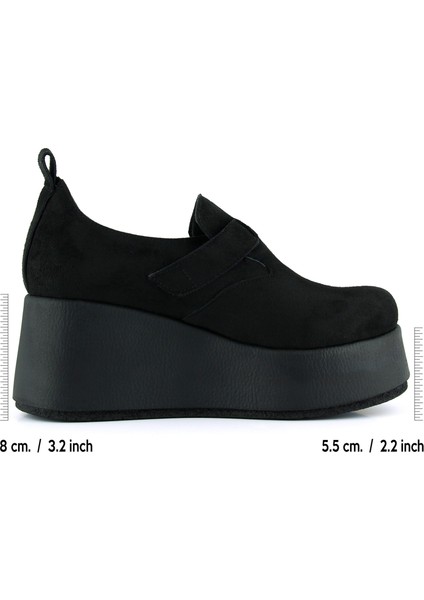 Miyuki Siyah Süet Yuvarlak Burun Lastik Bantlı Dolgu Topuklu Günlük Ayakkabı