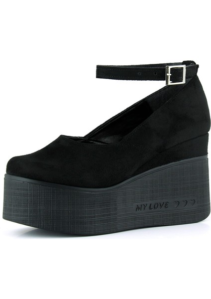 Tushar Siyah Süet Yuvarlak Burun Bantlı Gizli Dolgu Topuklu Günlük Ayakkabı fırsatları