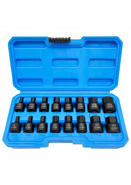 3/8 Inç Sürücü Düşük Profilli Etkisi Altıgen Sürücü Seti 16 Adet Sae/metrik 1/4-3/4 Inç 6-19MM Cr-Mo Çelik (Yurt Dışından)