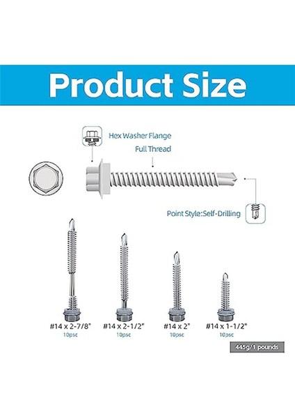 40PCS 14 x 1-1/2 Inç Ila 2-7/8 Inç Metal Paslanmaz Çelik Sac Vidaları Için Kendi Kendine Delme Vidaları Bina ve Onarım Için (Yurt Dışından) fiyatları