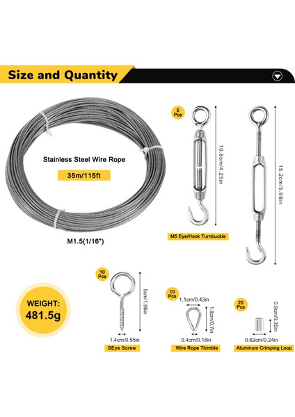 1/16INCH Turnikili Tel Germe Kiti Ağır Turnikli Kablo Korkuluk Kiti 115FT Tel Halat Kancası ve Göz Turnikili Kiti (Yurt Dışından) fiyatları