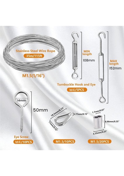 1/16INCH Turnikili Tel Germe Kiti Ağır Turnikli Kablo Korkuluk Kiti 115FT Tel Halat Kancası ve Göz Turnikili Kiti (Yurt Dışından) fırsatları