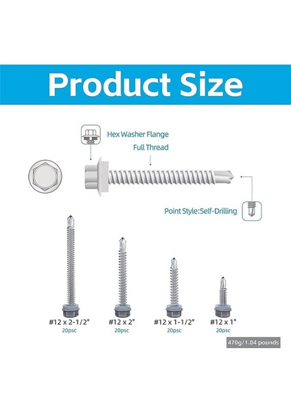 80PCS 12 x 1 Inç Ila 2-1/2 Inç Metal Paslanmaz Çelik Sac Vidalar Için Kendi Kendine Delme Vidaları Bina ve Onarım Için (Yurt Dışından) modelleri