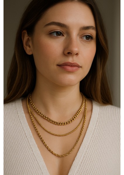 Çelik 3'lü Gold Kolye