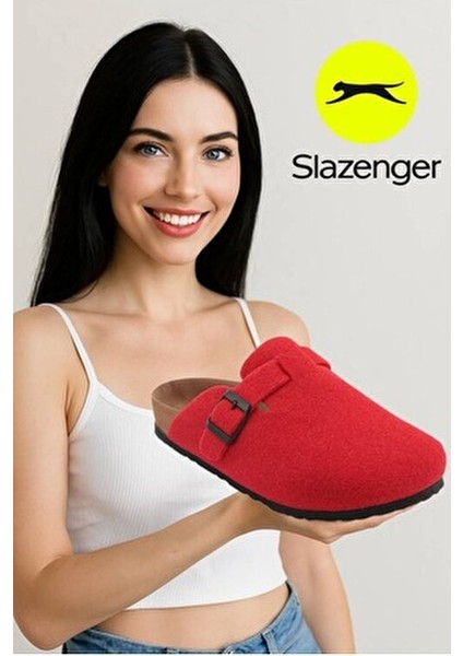 LEO Kadın Kırmızı Keçe Ev Terliği Kaymaz Taban ve Slip-On Tasarım