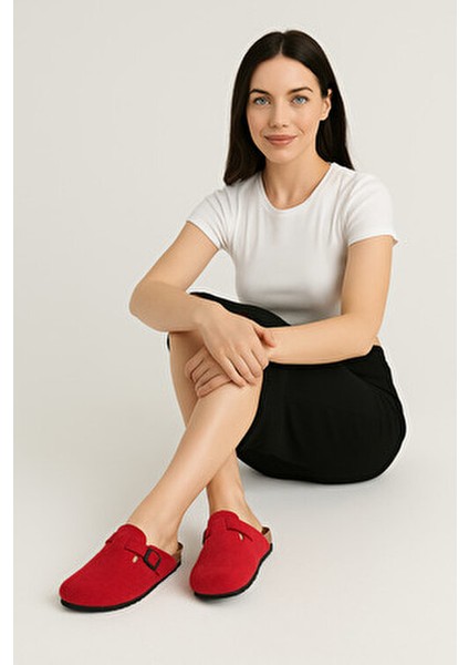 LEO Kadın Kırmızı Keçe Ev Terliği Kaymaz Taban ve Slip-On Tasarım