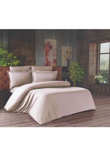 Çift Kişilik Çizgili Saten Nevresim Takımı - 200X220 - 6 Parça Pamuklu Yatak Seti - Kahverengi