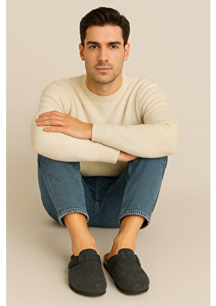 LEO Kadın Ev Terliği Koyu Gri Keçe Malzemeden Rahat Kullanım