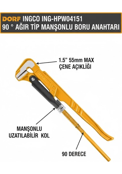 Ingco ING-HPW04151 90 ° Ağır Tip Manşonlu Boru Anahtarı 1.5" 55MM
