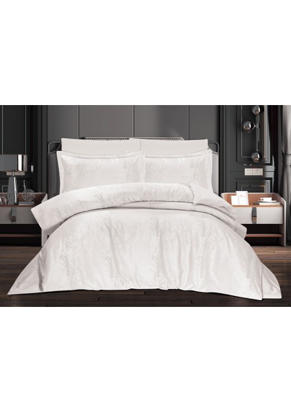 Çift Kişilik Jakarlı Saten Nevresim Takımı - 200X220 - 6 Parça Pamuklu Yatak Seti - Beyaz (Alb)