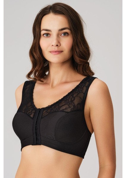 Balensiz Desteksiz Dolgusuz Geniş Askılı Toparlayıcı Önden Açılan Sırt Destekli Küçültücü Sütyen Siyah