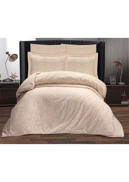 Çift Kişilik Jakarlı Saten Nevresim Takımı - 200X220 - 6 Parça Pamuklu Yatak Seti - Bej (Vlr)