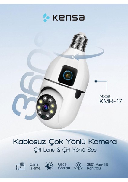 Iç Mekan Güvenlik Kamerası 1080P Full Hd – Duya Takılan Akıllı Çift Lensli Kamera