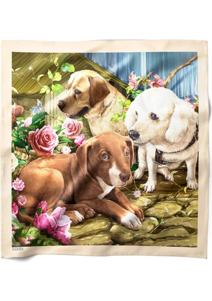 Floral Köpek Dostları Desenli Bandana Fular