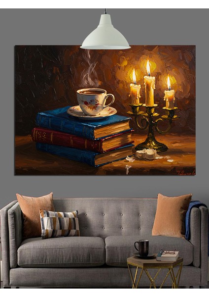 Kitap Kahve Mum Ile Huzurlu Bir Gece Dekoratif Kanvas - Mdf Ahşap Tablo fiyatları
