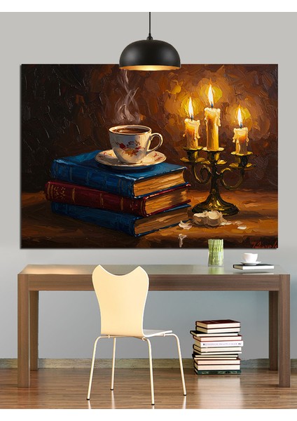 Kitap Kahve Mum Ile Huzurlu Bir Gece Dekoratif Kanvas - Mdf Ahşap Tablo modelleri