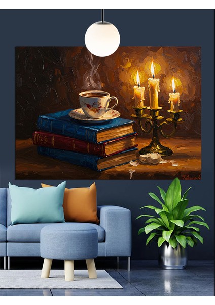 Kitap Kahve Mum Ile Huzurlu Bir Gece Dekoratif Kanvas - Mdf Ahşap Tablo fırsatları