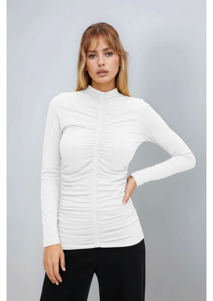 Kadın Dik Yaka Önden Büzgülü Uzun Kol Casual Viskon Spor Şık Büyük Beden Curve Bluz fiyatları