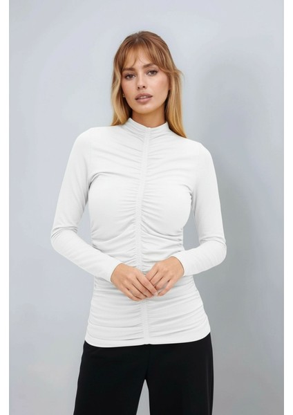 Kadın Dik Yaka Önden Büzgülü Uzun Kol Casual Viskon Spor Şık Büyük Beden Curve Bluz fırsatları