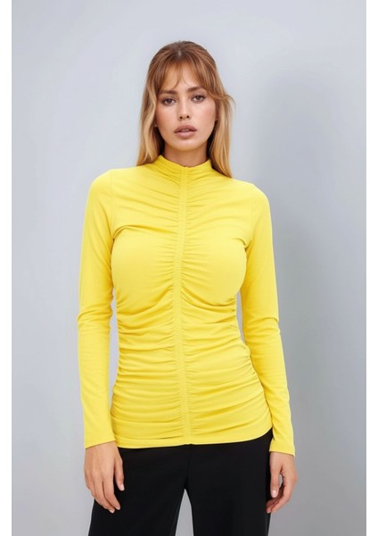 Kadın Dik Yaka Önden Büzgülü Uzun Kol Casual Viskon Spor Şık Büyük Beden Curve Bluz