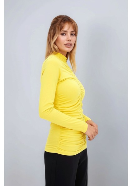 Kadın Dik Yaka Önden Büzgülü Uzun Kol Casual Viskon Spor Şık Büyük Beden Curve Bluz fiyatları