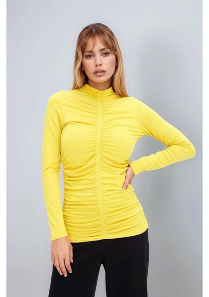 Kadın Dik Yaka Önden Büzgülü Uzun Kol Casual Viskon Spor Şık Büyük Beden Curve Bluz modelleri