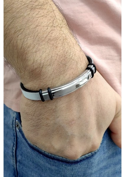 Deri Üzeri Örgü Çelik Erkek Bileklik EC55BY modelleri