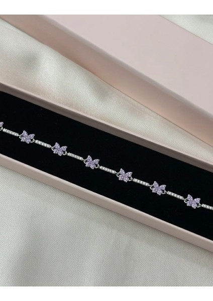 925 Ayar Gümüş Kelebek Model Kadın Bileklik Pembe Taşlı Zarif Takı