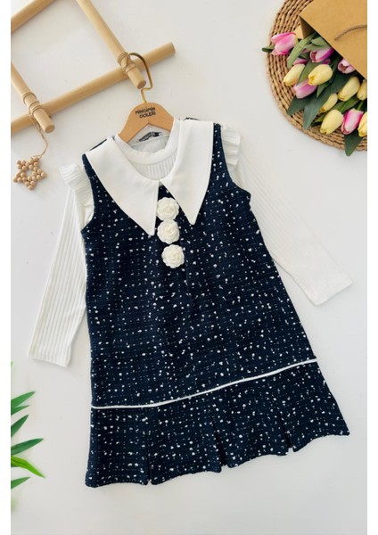 Gül Detaylı Tüvit Elbise ve Badi Kız Takım - Lacivert