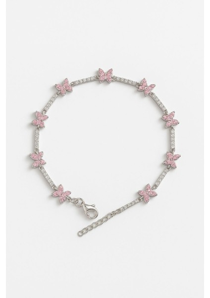 925 Ayar Gümüş Kelebek Model Kadın Bileklik Pembe Taşlı Zarif Takı