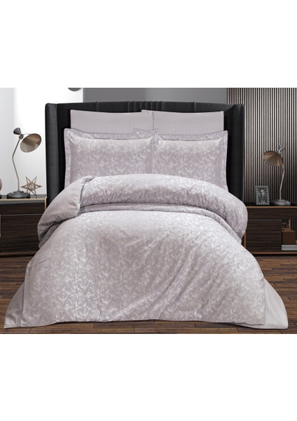Çift Kişilik Sarmaşık Jakarlı Saten Double Nevresim Takımı - 200X220 - 7 Parça Pamuklu Yatak Seti - Gri