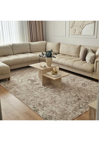Prime Bej Kahverengi Salon Halısı Modern Sade Desenli Yumuşak Dokulu Yazlık Ev Oturma Odası Halısı