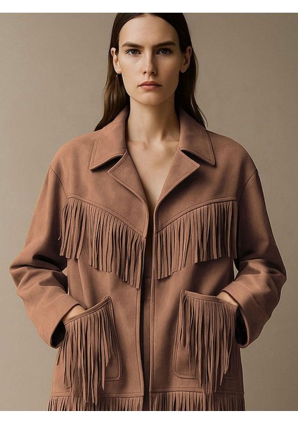 Modern Form Püskül Detaylı Süet Ceket - Kahve