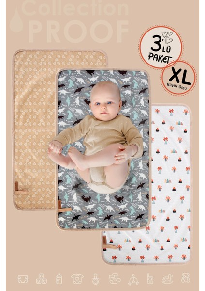 Baby Proof 3'lü Alt Açma Değiştirme Örtüsü Sıvı Geçirmez Koruyucu Alez Yıkanabilir Bebek Bakım Pedi