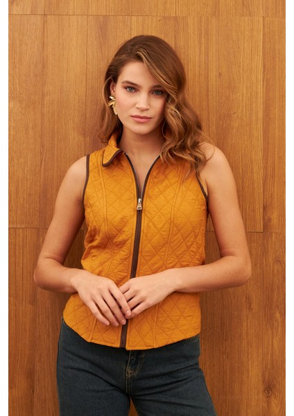 Turuncu Astarsız Biye Detaylı Yelek