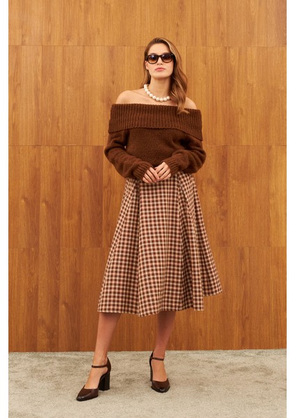 Kahverengi Godeli Midi Etek