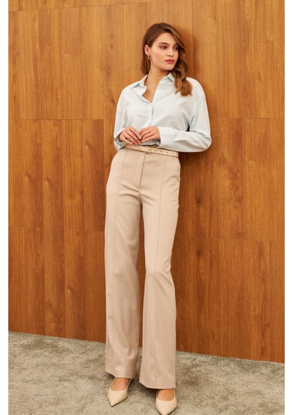 Ekru Yüksel Bel Çimalı Cepli Geniş Paça Pantolon