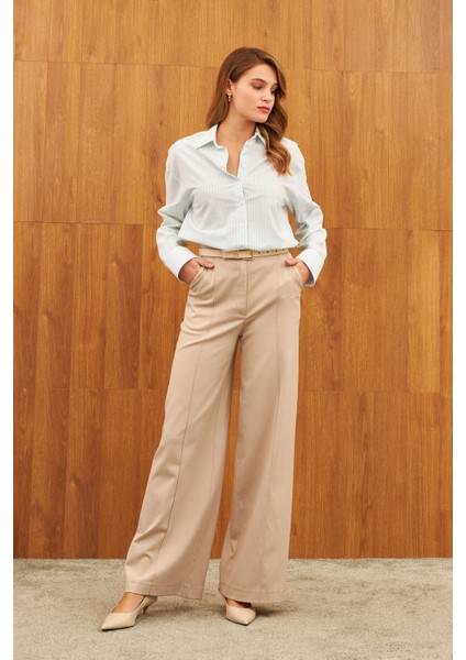 Ekru Yüksel Bel Çimalı Cepli Geniş Paça Pantolon fiyatları